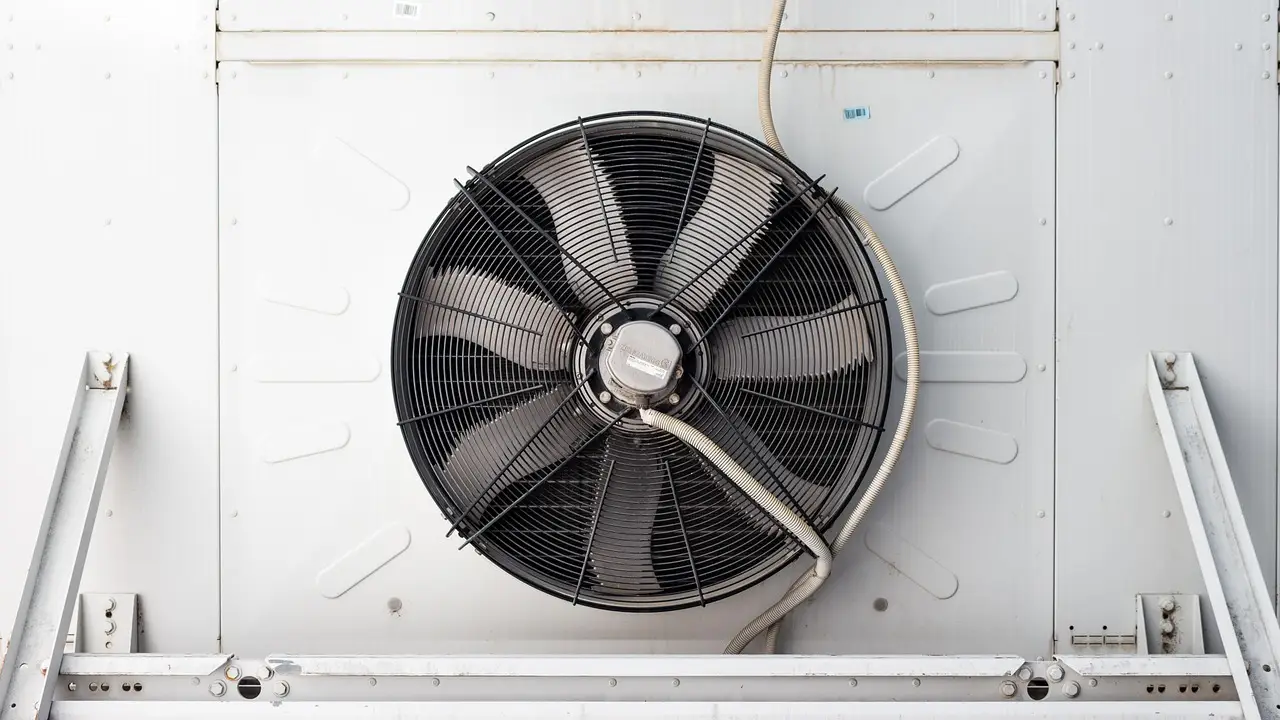 The fan of an outdoor air conditioning unit, up close