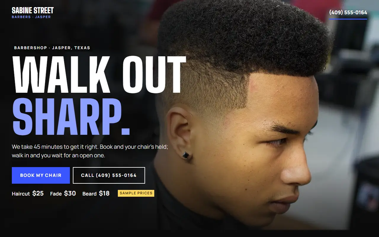 The first screen of Sabine Street Barbers, a barbershop demo site, on a computer